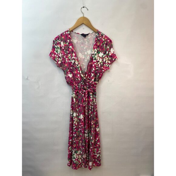 Lands End Women's Faux Wrap Dress V Neck Short Sleeve Floral Pink Size M 10-12 - Picture 1 of 8